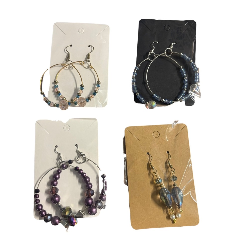 4 Pair Beaded Earring Bundle Purple Pearl Blue Glass Heart Hoop Drop Gold Silver